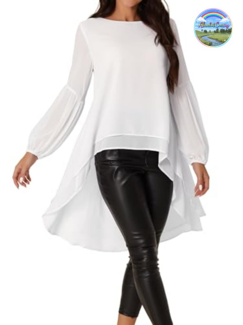 Women's Chiffon High Low Tunic Blouse Lantern Sleeve Dressy Casual Top